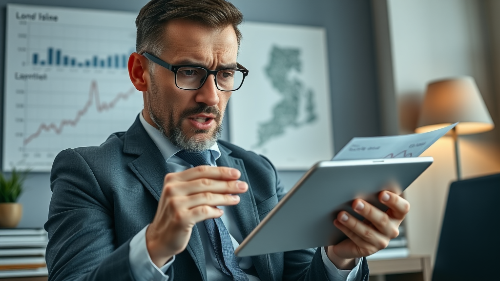 frustrated business owner looking at declining graphs on a tablet, concerned expression, small office with Long Island map in background, muted blue-gray tones
