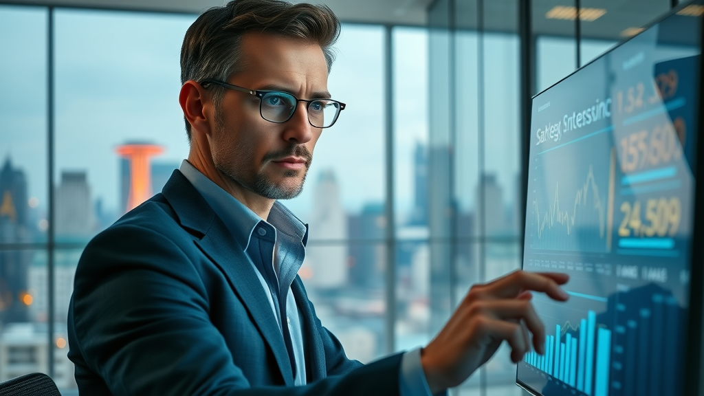 focused marketing manager analyzing strategy charts digital marketing strategy business goals