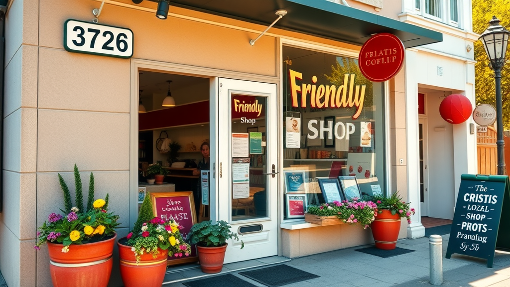 local SEO optimization friendly local shop exterior with marked address