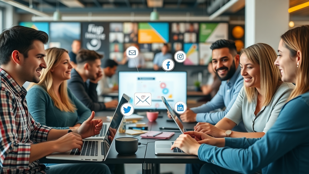 marketing team integrating email campaigns with social media for increased brand awareness