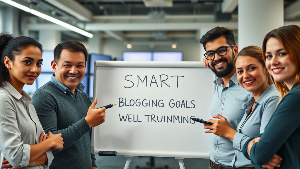 Ambitious small business team drafting SMART blogging goals, content strategy for small business blog