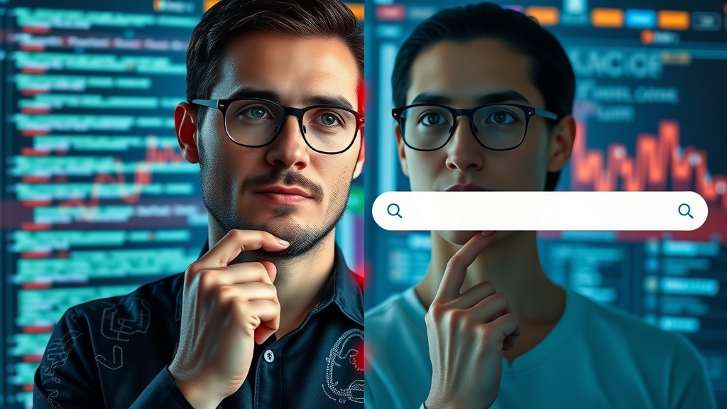 Split-screen showing google ai search with code and neural networks left, classic search bar right, digital workspace, vibrant details.