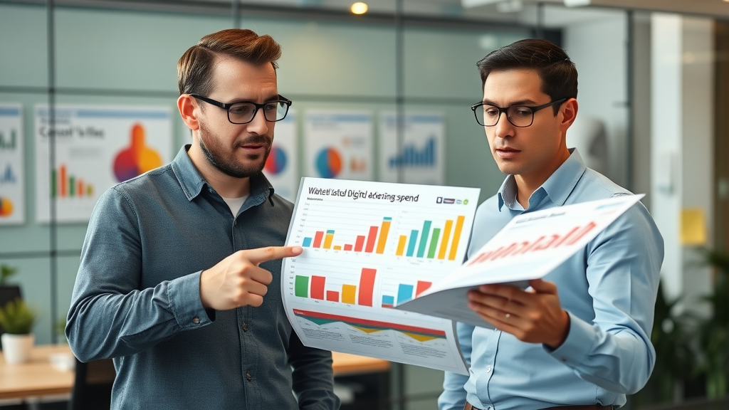 Digital business owners analyzing wasted digital advertising Long Island spend, discussing colorful charts in a modern Long Island office