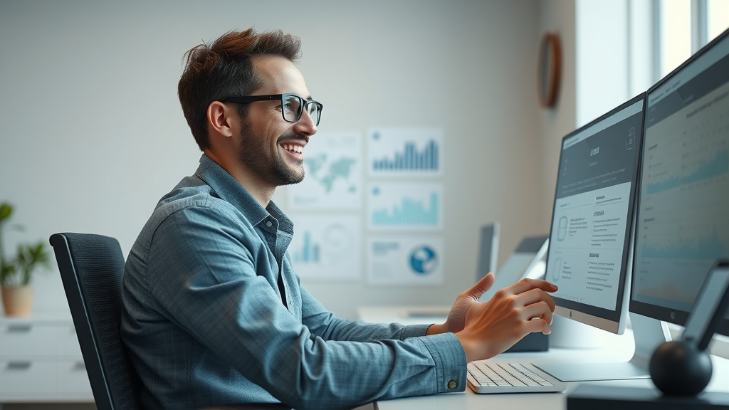 User browsing google ai search ai summaries on sleek computer display, delighted with efficiency, modern minimalist tech workspace.