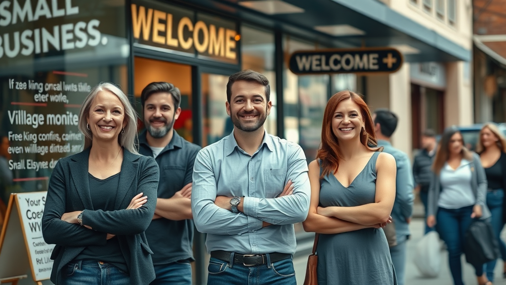 Inspiring group of small business owners standing outside a vibrant storefront in an urban street, demonstrating effective SEO for local businesses