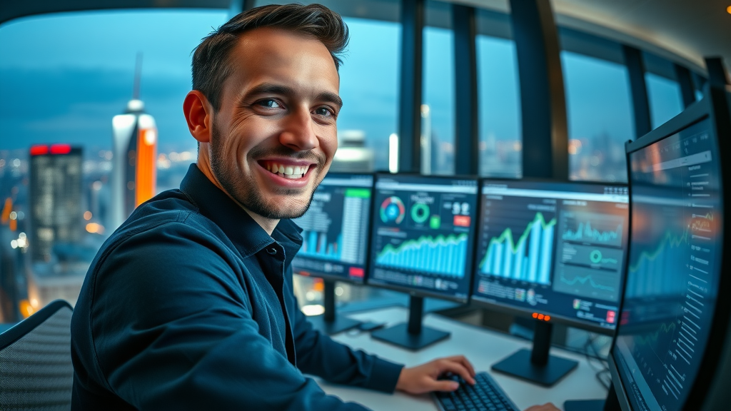 successful male marketer viewing KPI analytics, satisfied with social media marketing results, real-time dashboards, multi-monitor workstation, glowing analytics graphs