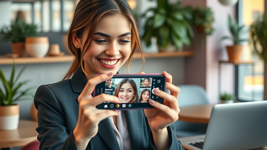 businesswoman using Instagram on smartphone, posting photo and video content for business, Instagram video content for marketing