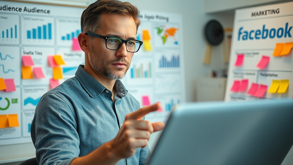 Marketing strategist defining Facebook target audience and objectives for small business