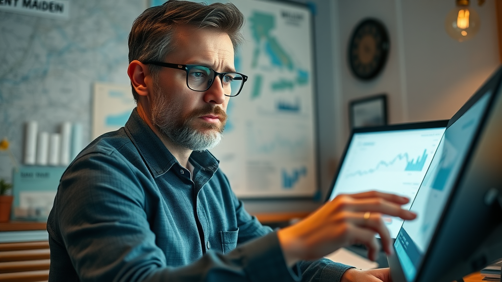 informed local Long Island entrepreneur studying market charts, cozy business office with Long Island maps, digital screens, Photorealistic - Long Island business growth tips