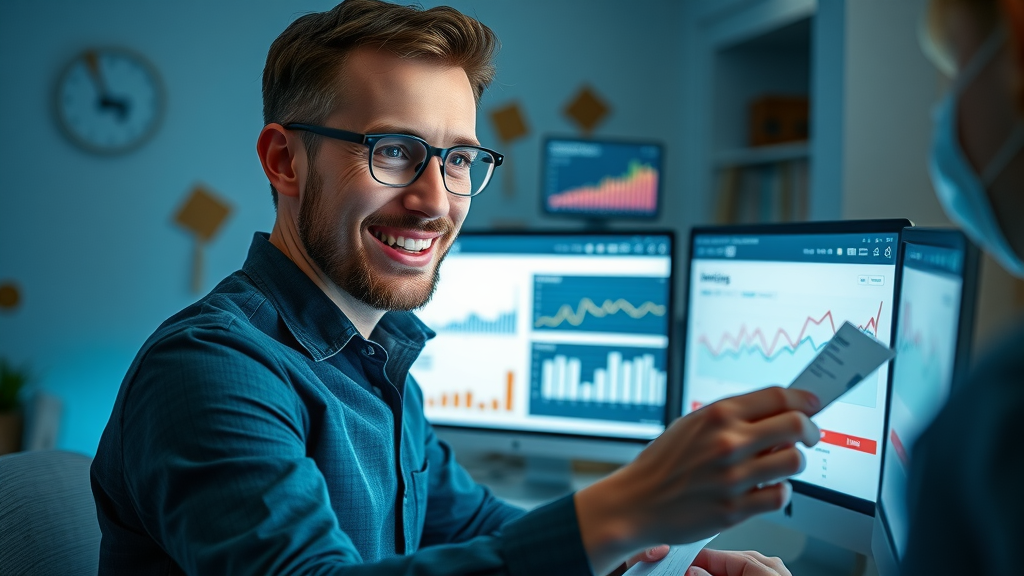 analytical entrepreneur using SEO tools for blogging posts optimization with detailed keyword research dashboard