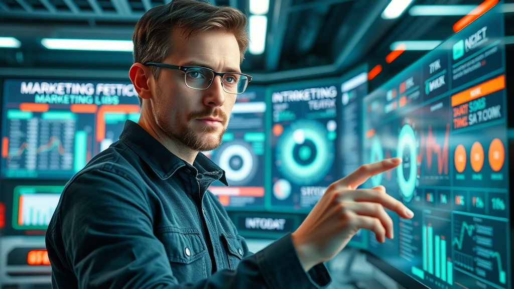 forward-thinking marketer using AI dashboard for digital marketing strategies in small businesses