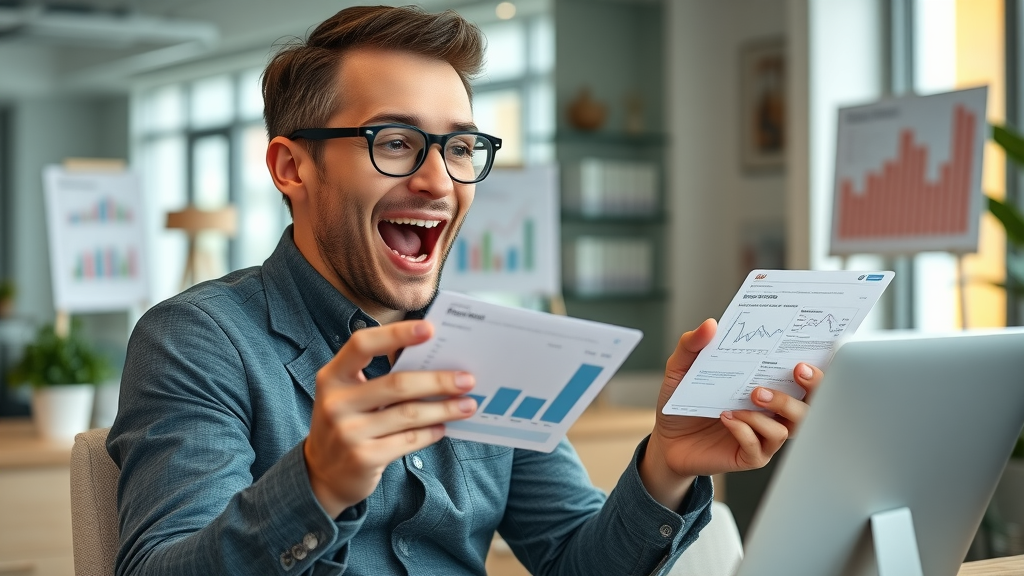 Influential marketing professional excitedly reviewing influencer marketing outreach analytics for online marketing tips in a contemporary workspace