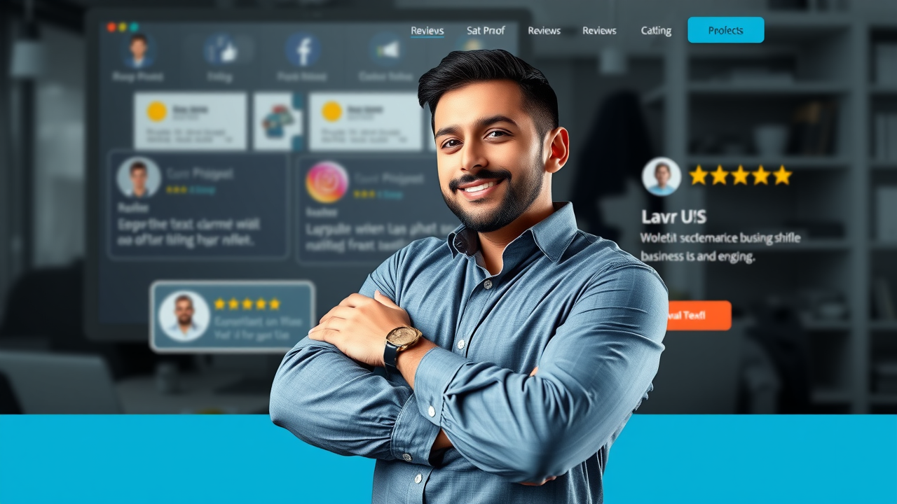 Business pro digital marketing strategies for local businesses professional business profile page, confident business owner, posing with arms crossed, digital background, reviews and rating elements