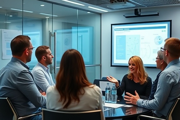 knowledgeable expert network, collaborative, engaging in discussion, photorealistic, conference room with glass walls, highly detailed, projector displaying charts, clear focus, soft tones, studio lighting, shot with a 35mm lens.