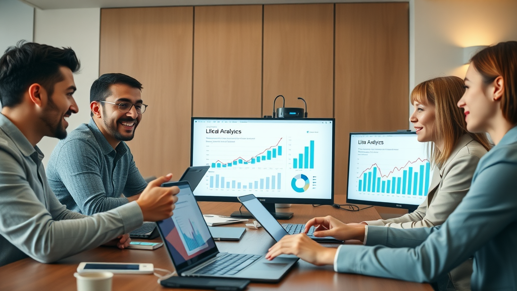 Successful business team analyzing social media video performance charts in a boardroom, highlighting the ROI of social media video marketing in 2025.