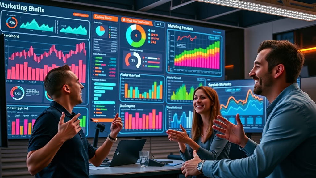 Digital marketing team monitoring promotional email campaign results in real time, colorful dashboard display, animated graphs, high-tech office, vivid lighting.