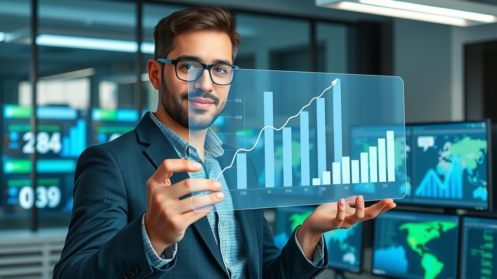 Professional presenting summary of successful social media strategy with upward metrics and engagement graphs