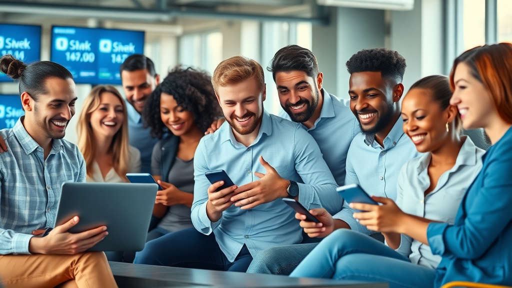 dynamic group of diverse professionals engaging with laptops and smartphones in a modern office with digital social media stats screens
