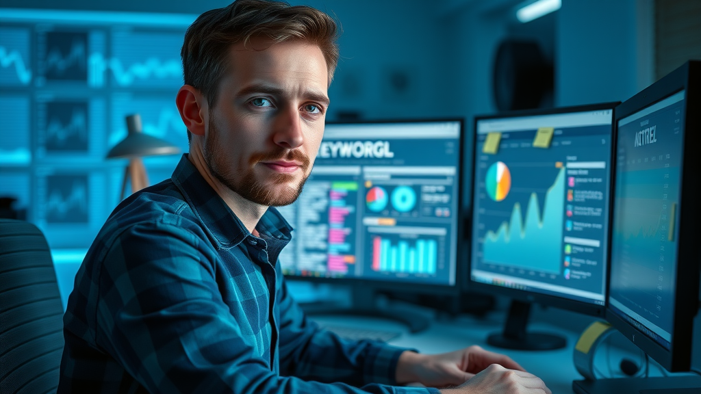 focused digital marketer analyzing keyword data for content blog creation