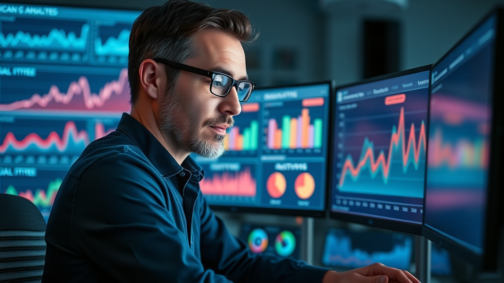 focused analyst reviewing a digital analytics dashboard with social media metrics on the screen