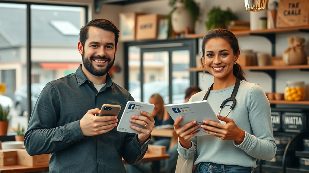 local small business team holding products and checking social media reviews in a cozy shop