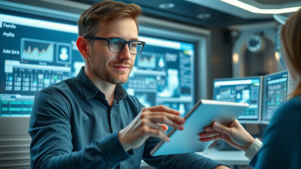 blogger collaborating with AI assistant on tablet, futuristic workspace, editorial calendar digital organization