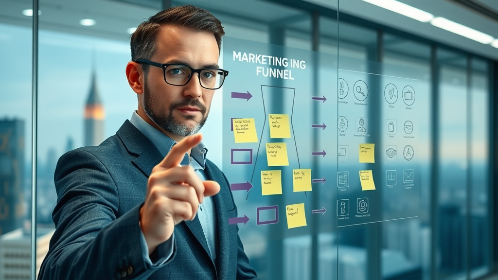 strategic marketer mapping out a marketing funnel, content formats for each funnel stage, digital marketing strategy