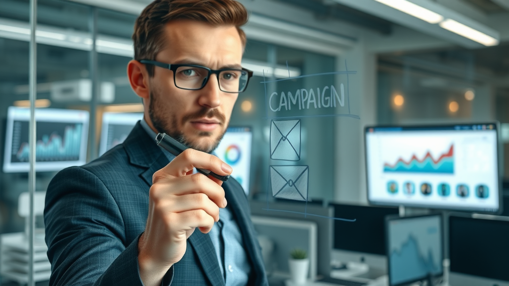 Professional marketer sketching email campaign strategy, digital screens with analytics, corporate workspace, focused expression, photorealistic details.