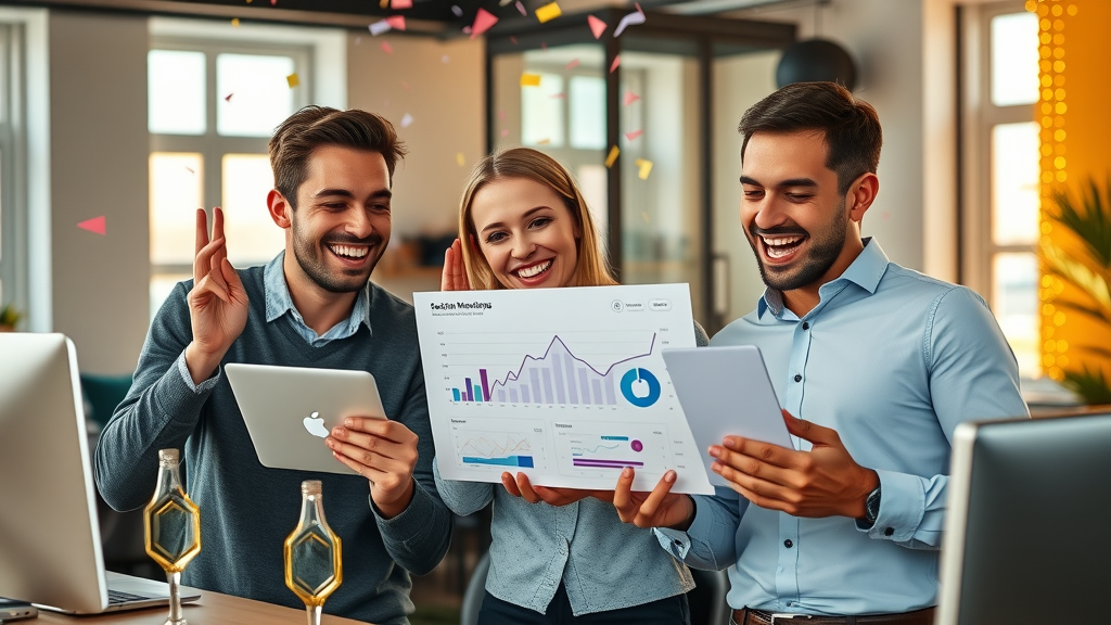 successful business owners celebrating digital marketing milestones, reviewing positive social media sales data and engagement metrics