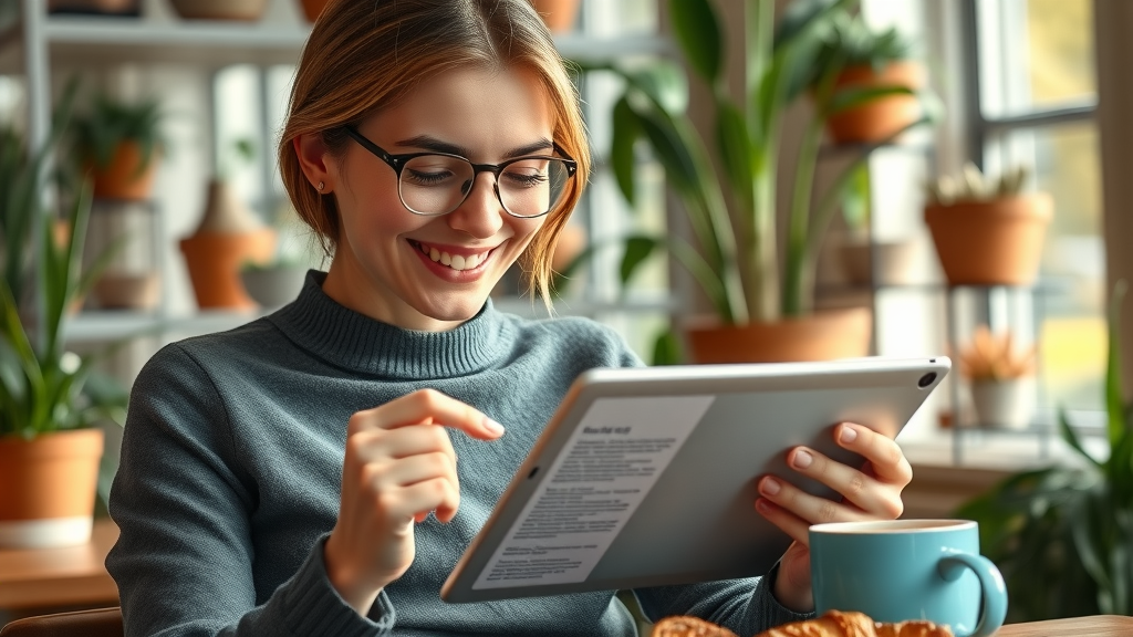 engaged reader enjoying small business blog post on tablet