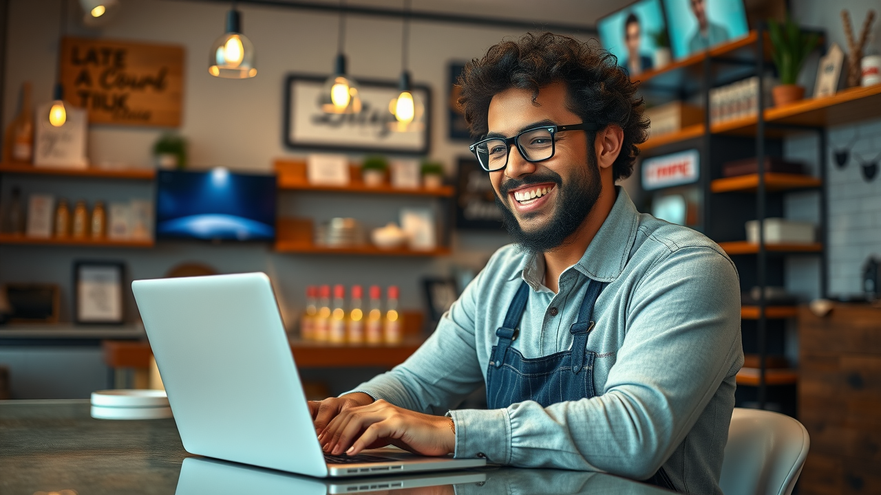 Digital Marketing Strategies For Local Businesses confident local business owner, updating digital profile on laptop, cozy shop interior, highly detailed, branded decor and digital screens