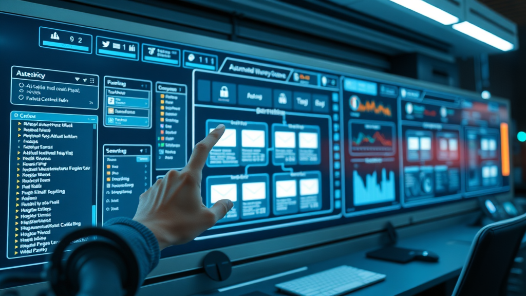 modern dashboard showing automated workflows for targeted email campaigns, user pointing at automation sequences with futuristic design