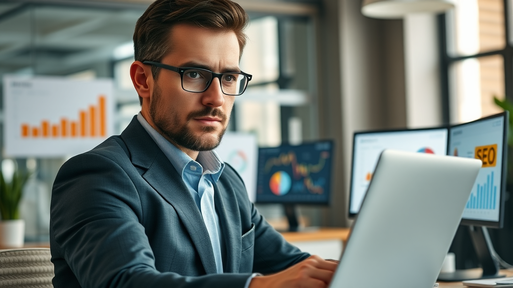 business owner analyzing seo digital marketing local seo data