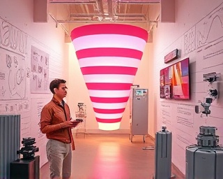 visionary funnel design, passionate engagement, visualizing progress, photorealistic, creative think tank environment with diagrammed walls, highly detailed, rapid prototyping devices, intricately composed details, millennial pastels, shadow-casting light, shot with a 35mm perspective lens.