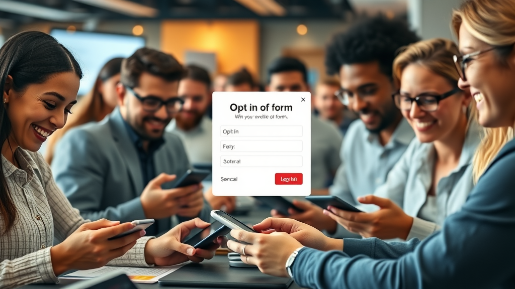 diverse individuals filling out opt-in forms for targeted email campaign in a modern workspace, engaging with devices for email list signup