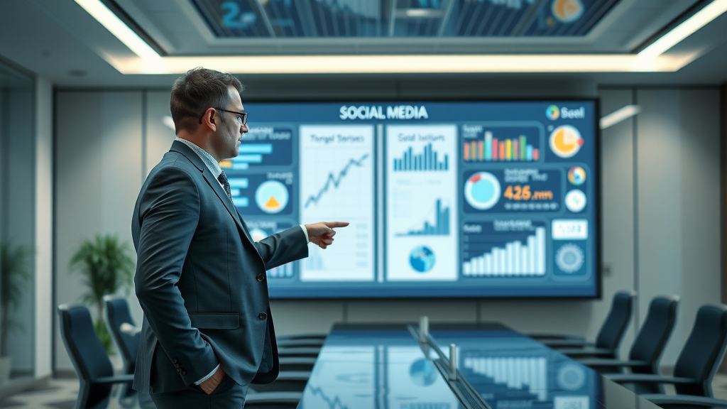 business professional comparing social media marketing and traditional marketing, with a digital interface displaying differences