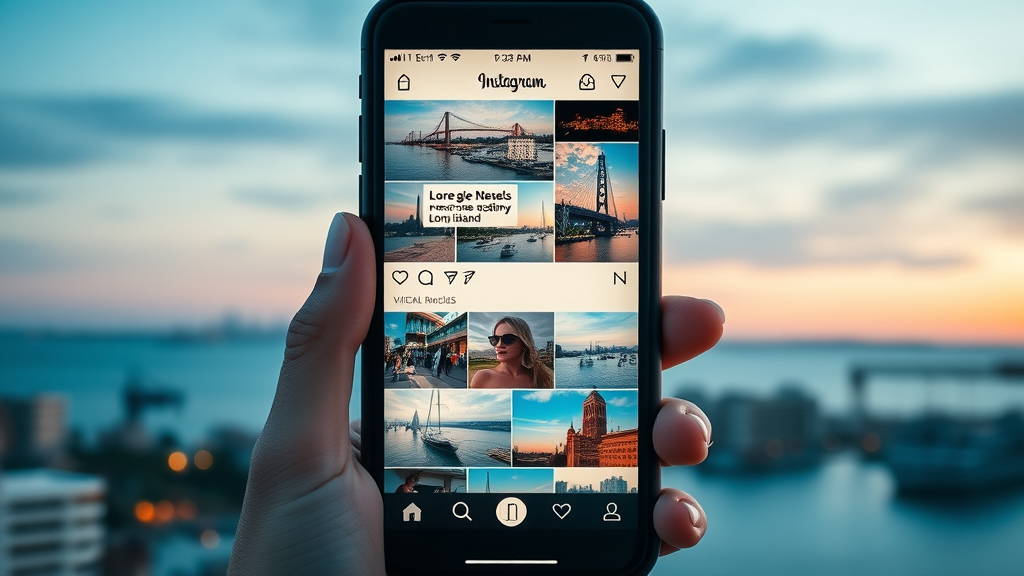 Instagram marketing Long Island small business feed layout with branded Stories and local influencer posts, vibrant visuals, Long Island landmarks