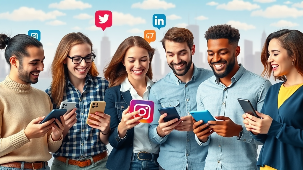 social media platforms for Long Island businesses: diverse business owners using Instagram, Facebook, LinkedIn, TikTok, with stylized LI skyline