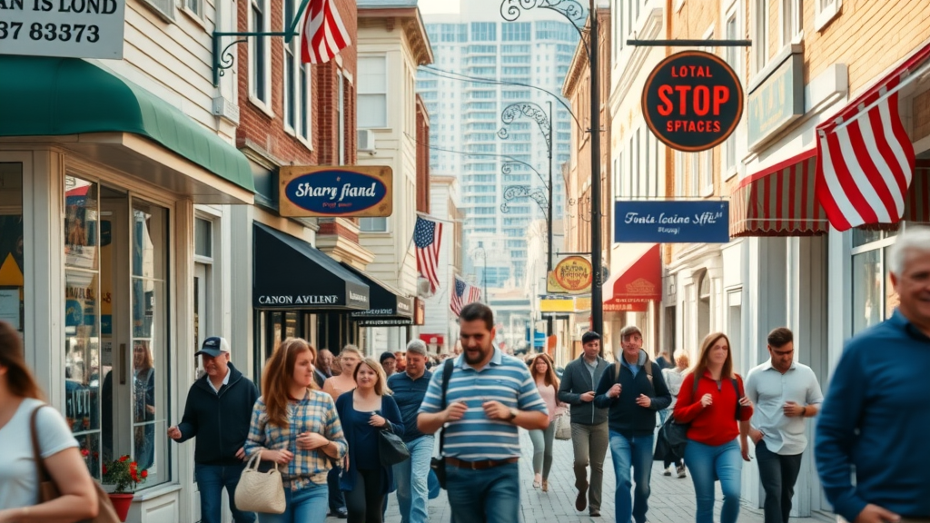 small business marketing Long Island main street vibrant storefronts local customers lively scene