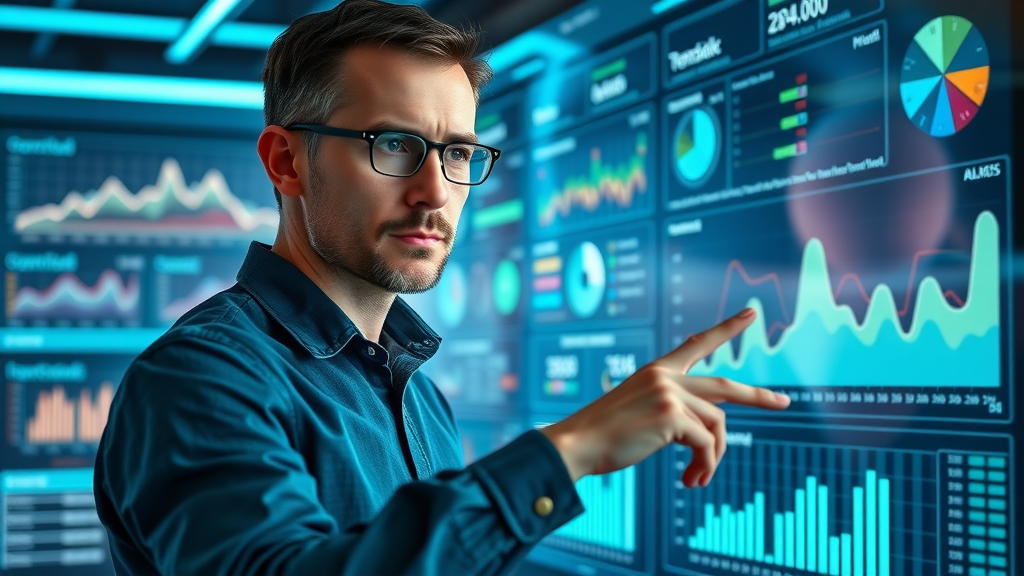 analytical marketer reviewing social media demographic charts, user base analytics, digital dashboard for business profile targeting