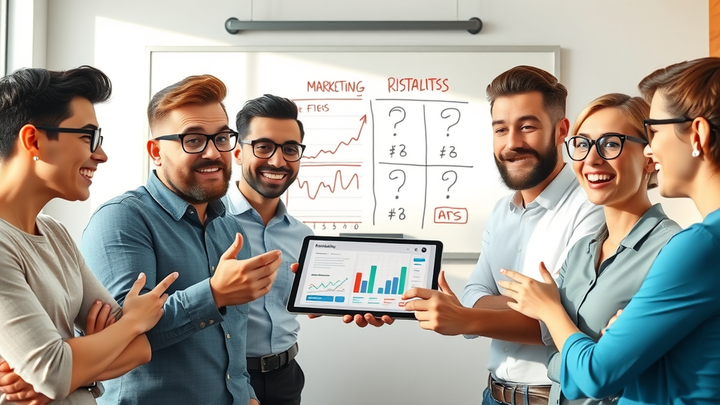 Business owners reviewing marketing strategies and analyzing mistakes on tablet