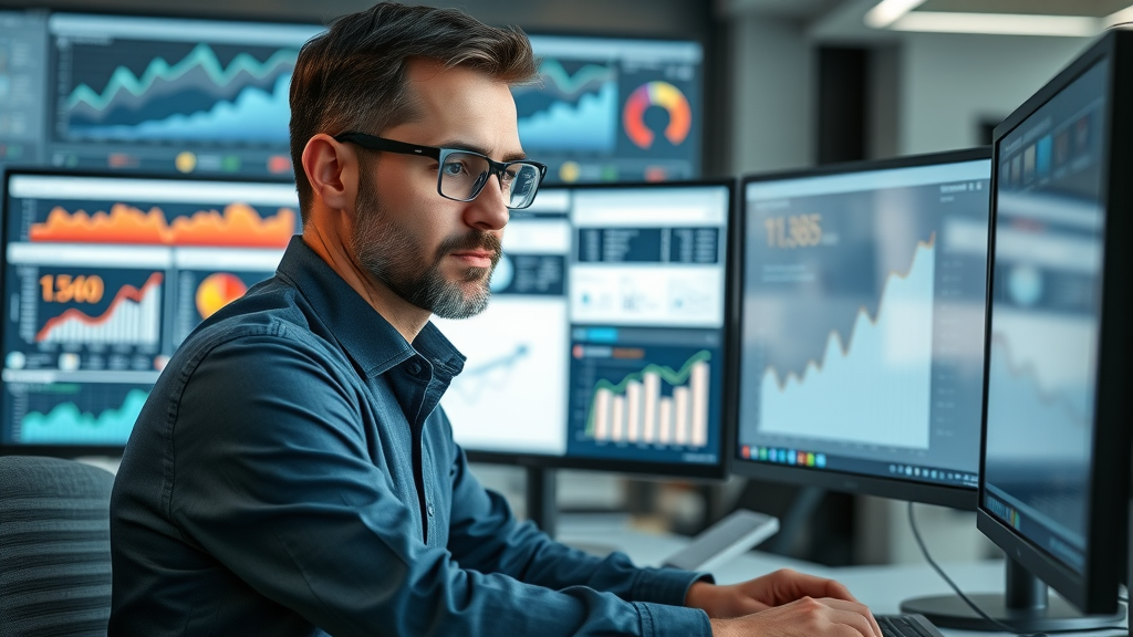 Focused analyst reviewing email marketing analytics dashboard, real-time performance graphs, modern workspace with large monitors, sharp lighting.