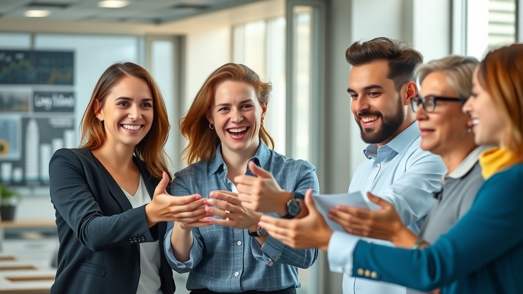 Maximizing the Benefits of Digital Marketing for Small Businesses on Long Island: vibrant Long Island small business team collaborating in a modern office, digital graphs and Long Island landmarks in background