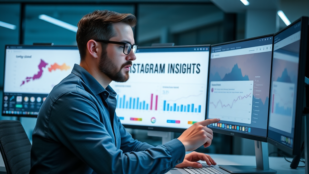 Marketer analyzing Instagram Insights dashboard for Long Island small business, with map and engagement graphs