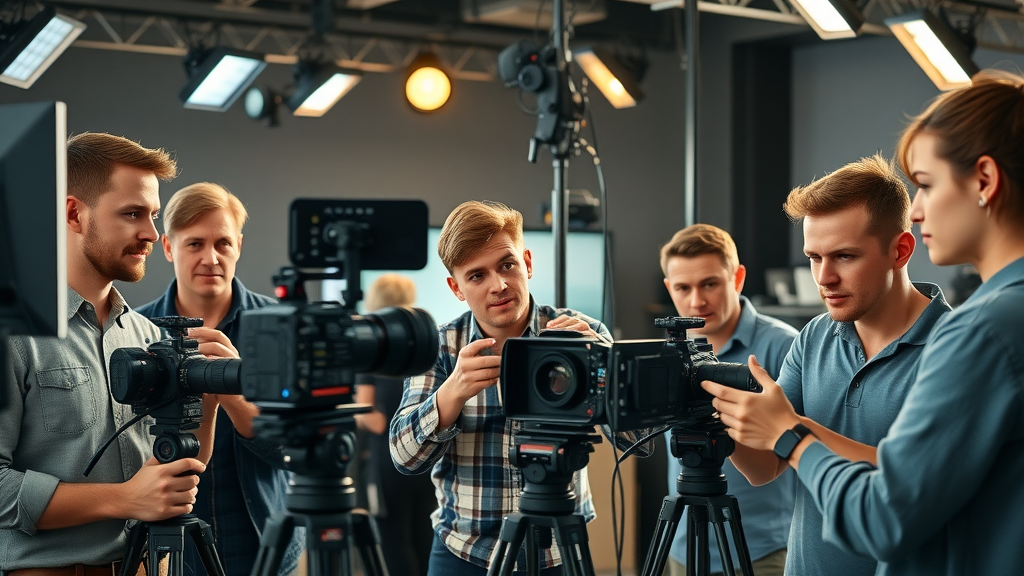 Video production team setting up cameras and lighting for marketing shoot in a studio