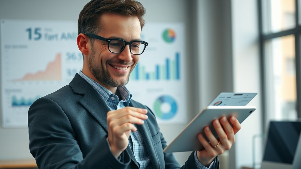 Business professional reviewing digital graphs and video marketing statistics on a tablet