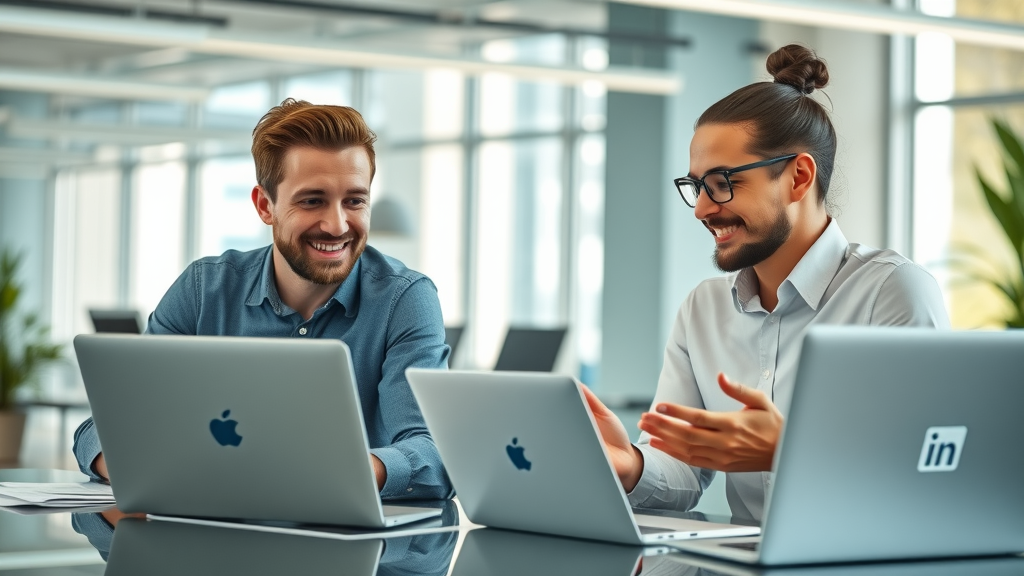 professional small business owners collaborating in a modern office using LinkedIn marketing tools