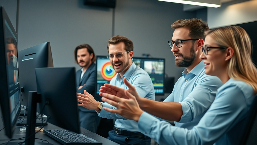 Creative team collaboratively editing video content for efficient video marketing workflows