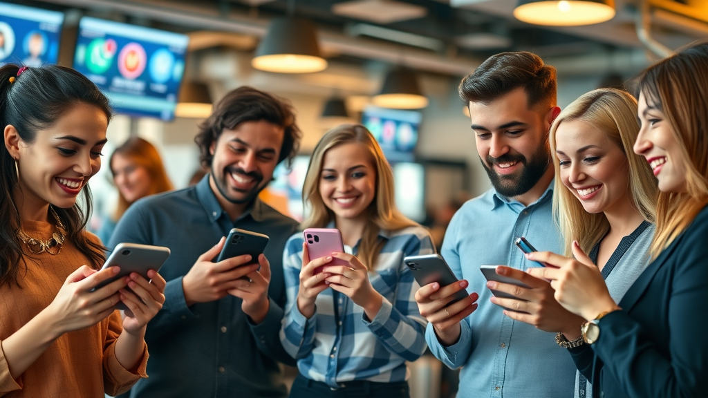 Diverse entrepreneurs using smartphones for social media marketing, business profiles on popular platforms, vibrant co-working lounge, social media marketing for small business