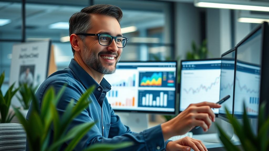 Business owner analyzing local SEO analytics dashboard success for small businesses